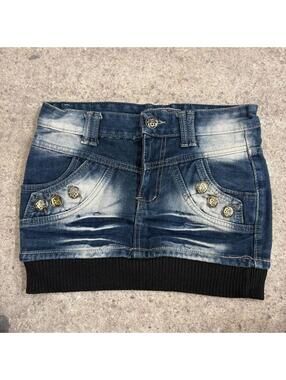 Vintage Y2K Denim Micro Mini Skirt Low Rise Faded Knit Hem